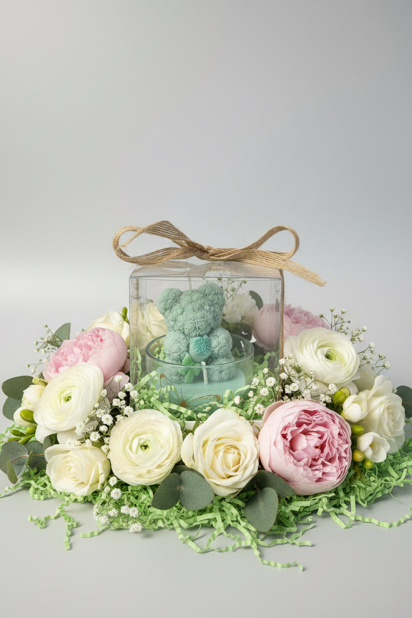 Vela osito floral verde en frasco de vidrio decorativo, regalo elegante hecho a mano.
