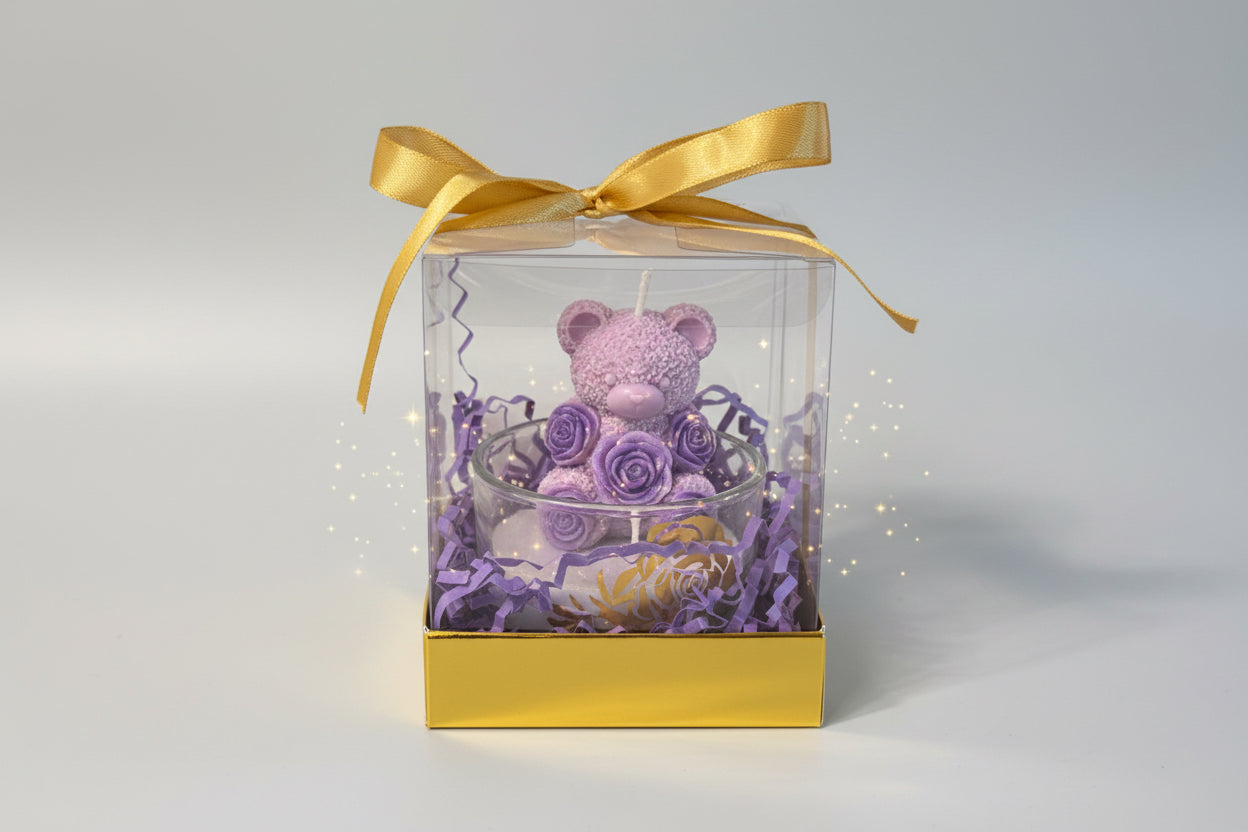Vela osito floral morado en frasco de vidrio decorativo, regalo elegante hecho a mano.