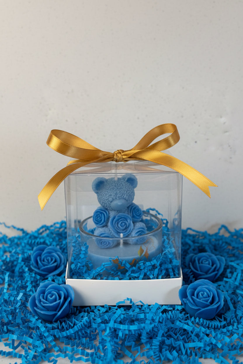 Vela osito floral azul en frasco de vidrio decorativo, regalo que enamora y calma, hecho a mano 