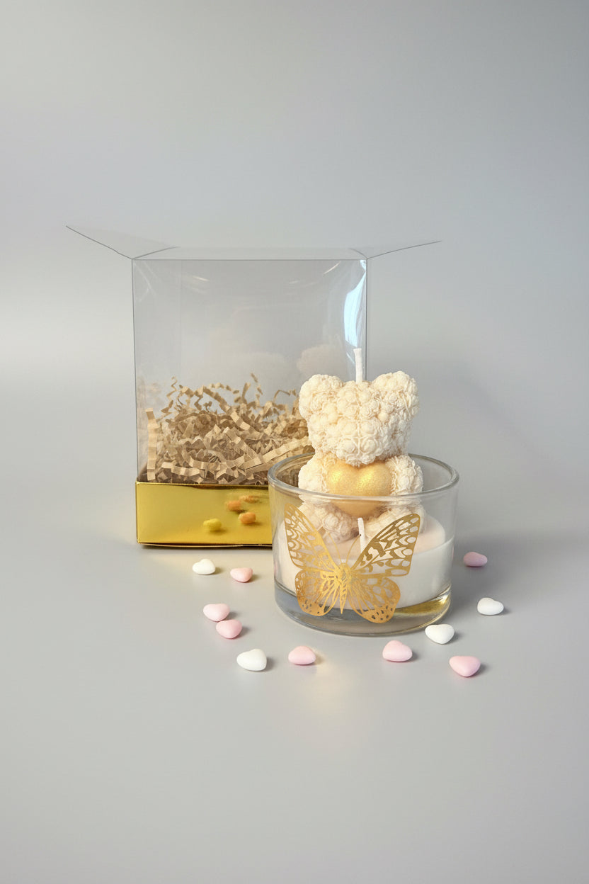 vela osito floral dorado en frasco de vidrio decorativo, regalo que transmite amor, hecho a mano.