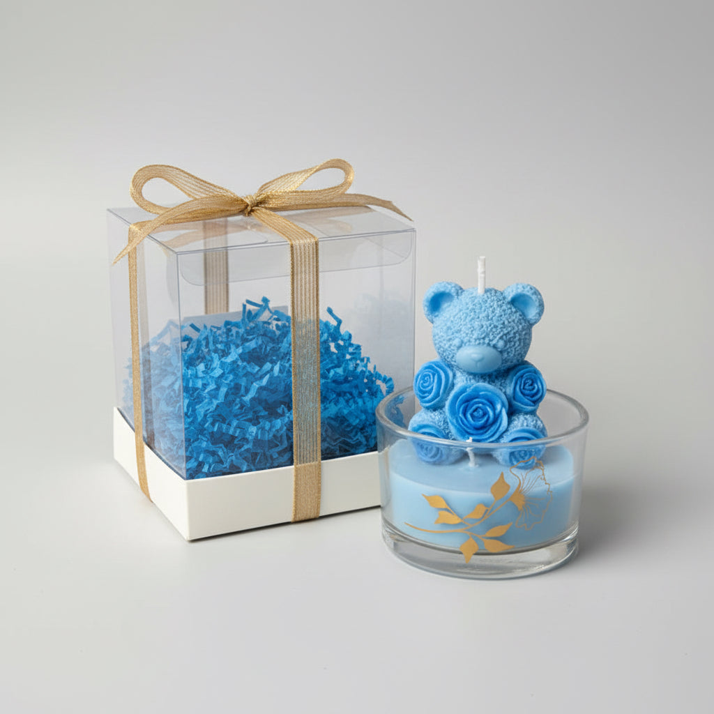 Vela osito floral azul en frasco de vidrio decorativo, regalo que enamora y calma, hecho a mano 