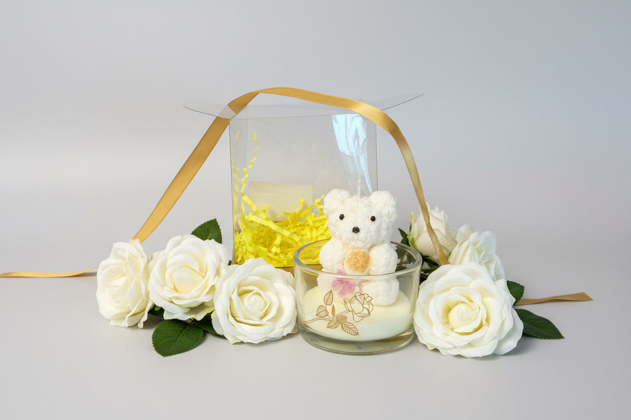 Vela osito floral blanco en frasco de vidrio decorativo, regalo elegante hecho a mano.