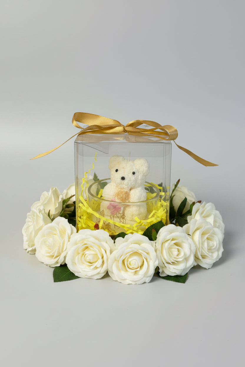 Vela osito floral blanco en frasco de vidrio decorativo, regalo elegante hecho a mano.