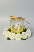 Vela osito floral blanco en frasco de vidrio decorativo, regalo elegante hecho a mano.