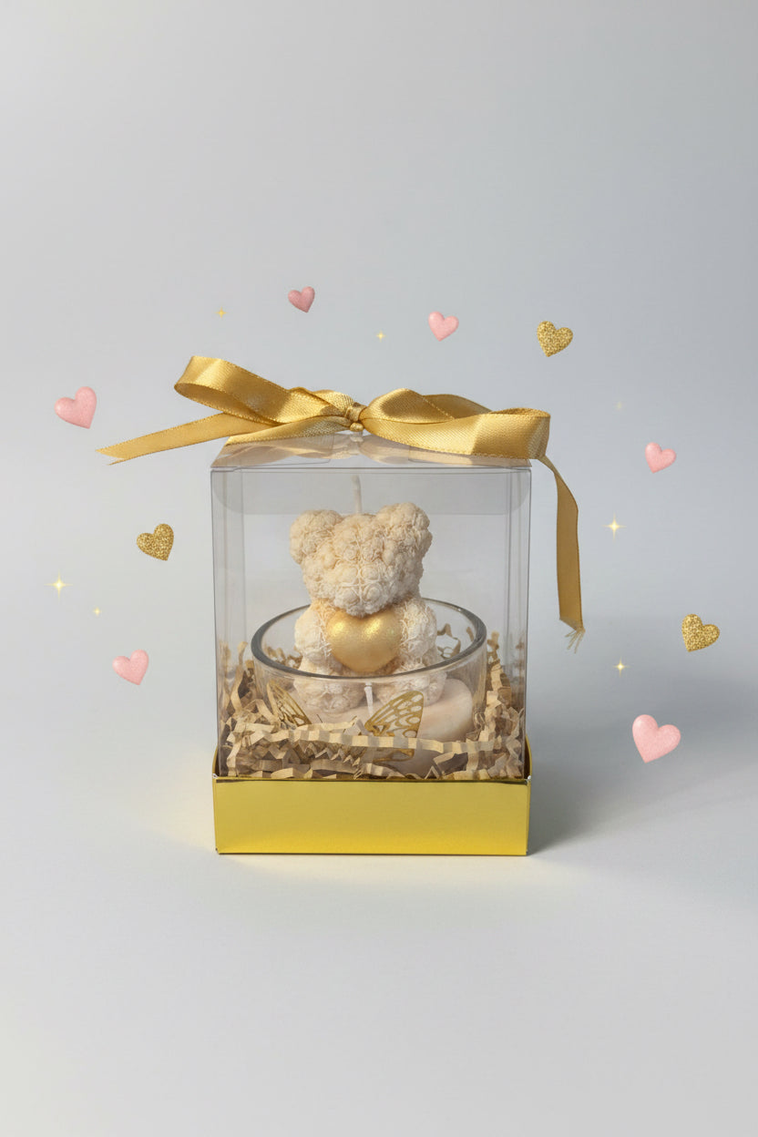 vela osito floral dorado en frasco de vidrio decorativo, regalo que transmite amor, hecho a mano.