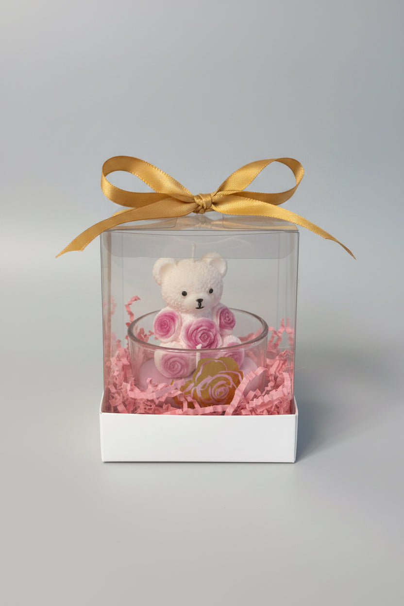 Vela osito floral multicolor en frasco de vidrio decorativo, regalo elegante hecho a mano.