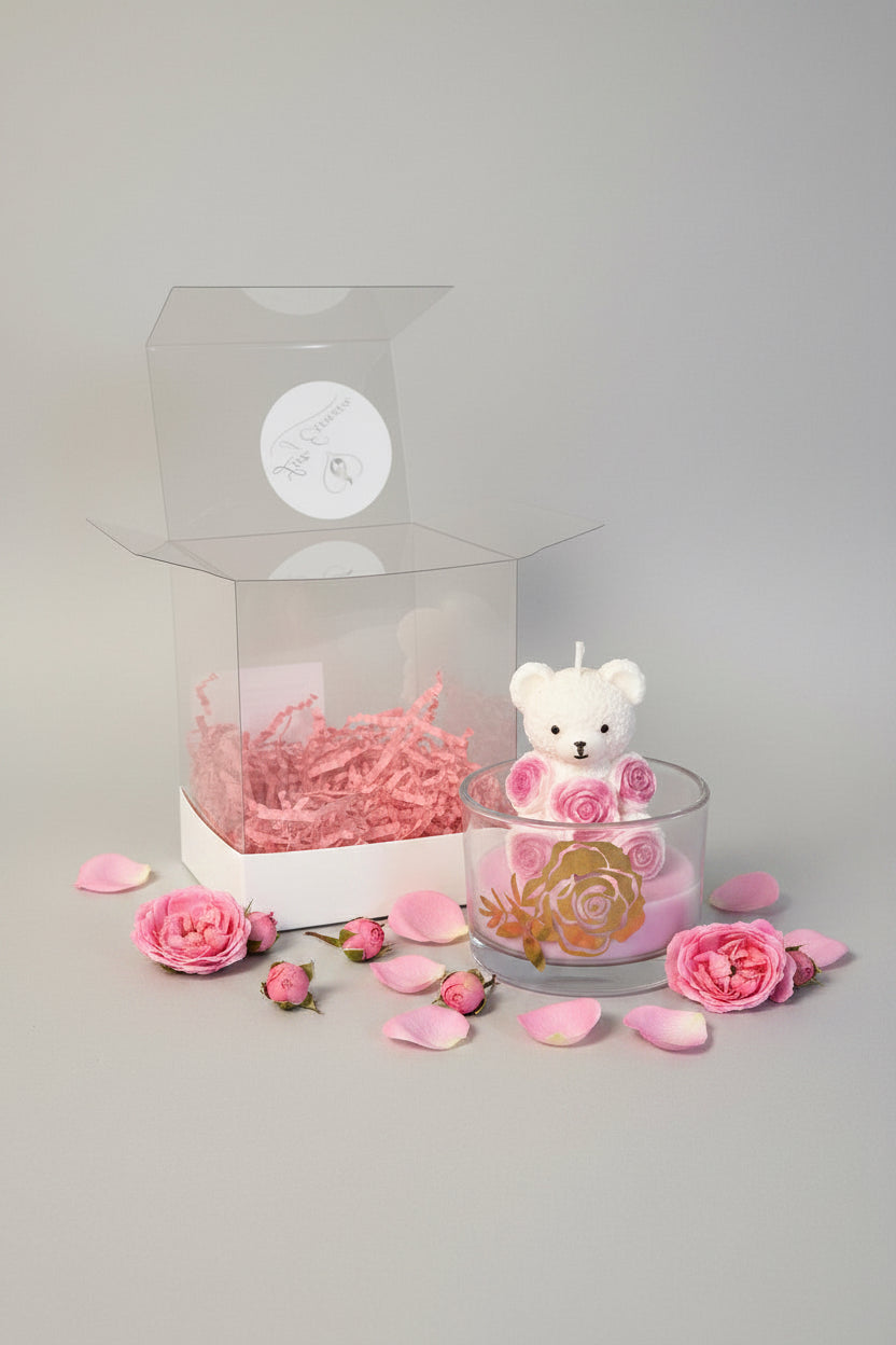 Vela osito floral multicolor en frasco de vidrio decorativo, regalo elegante hecho a mano.