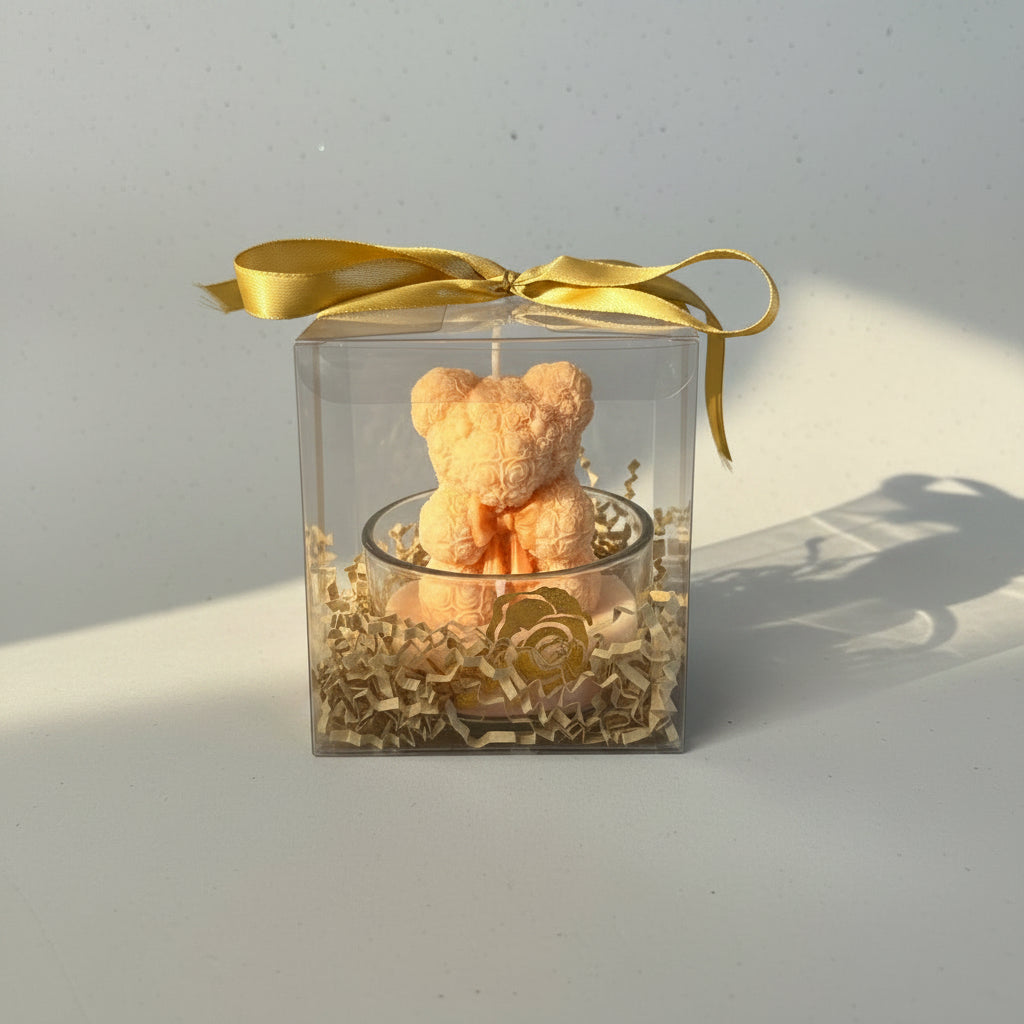 vela osito floral naranja en frasco de vidrio decorativo, regalo elegante hecho a mano.