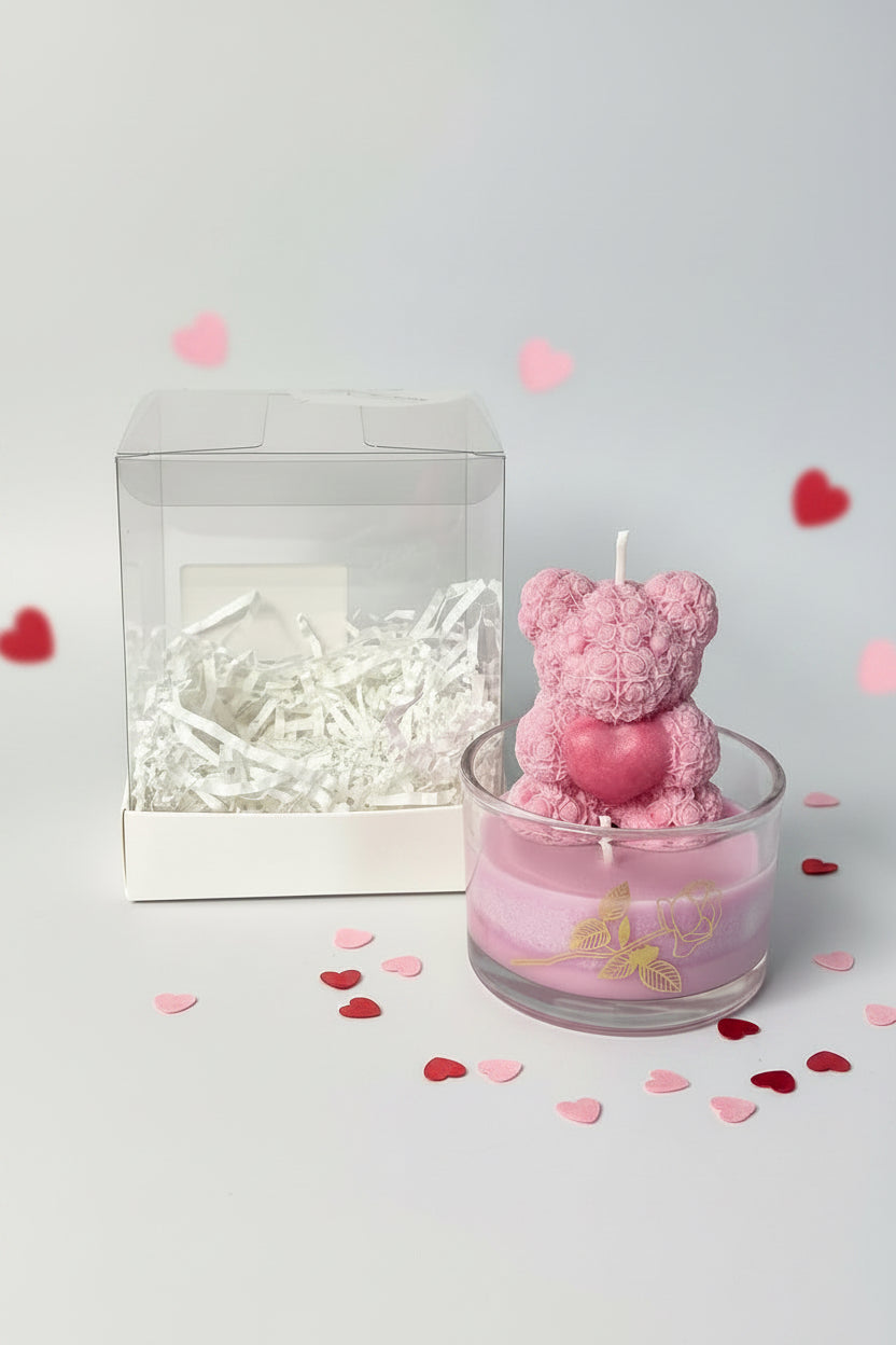 Vela osito floral rosado en frasco de vidrio decorativo, regalo romantico hecho a mano.