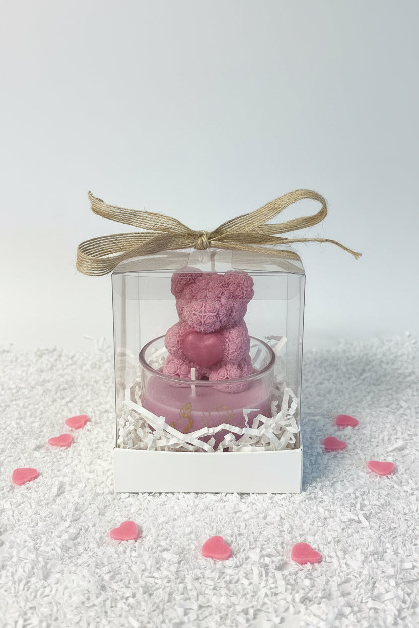 Vela osito floral rosado en frasco de vidrio decorativo, regalo romántico hecho a mano.
