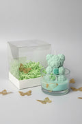 vela osito floral verde en frasco de vidrio decorativo, regalo elegante y hecho a mano.