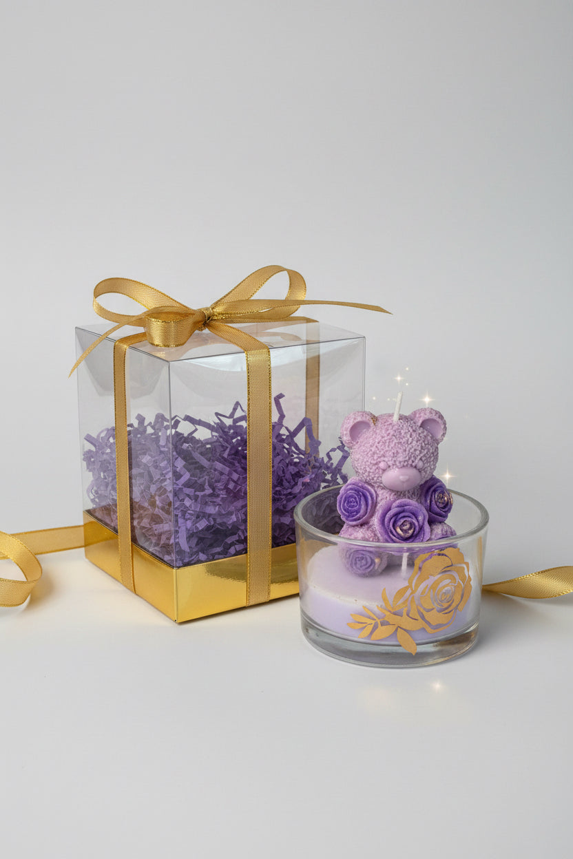 Vela osito floral morado en frasco de vidrio decorativo, regalo elegante hecho a mano.