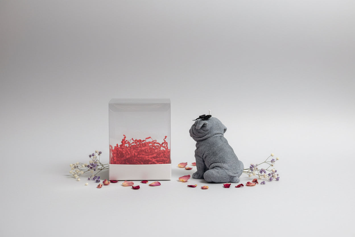 Vela artesanal en caja de regalo transparente, diseño emocional y elegante  de Luz y Esencia
