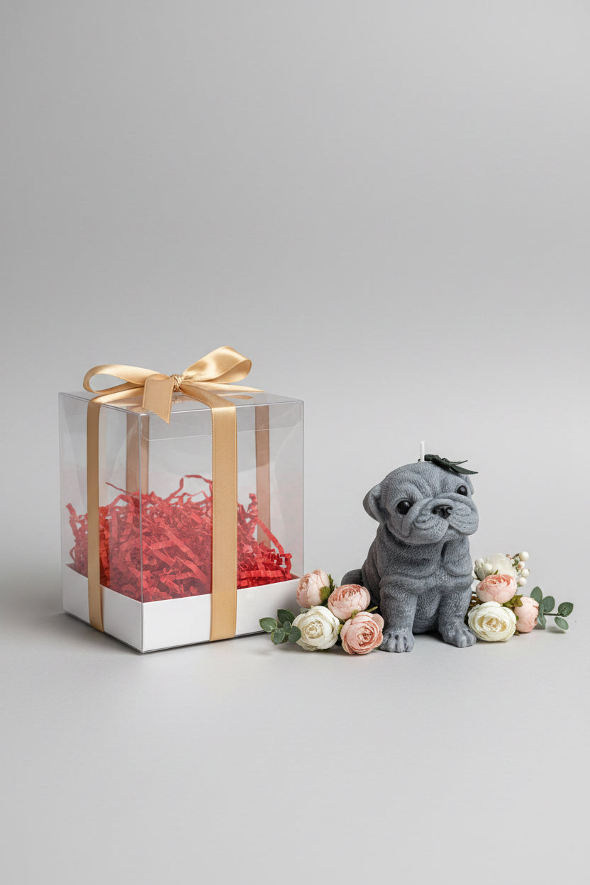 Vela artesanal en caja de regalo transparente, diseño emocional y elegante  de Luz y Esencia